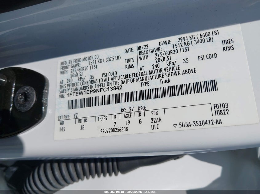 FORD F-150 2022 VIN 1FTEW1EP9NFC13842