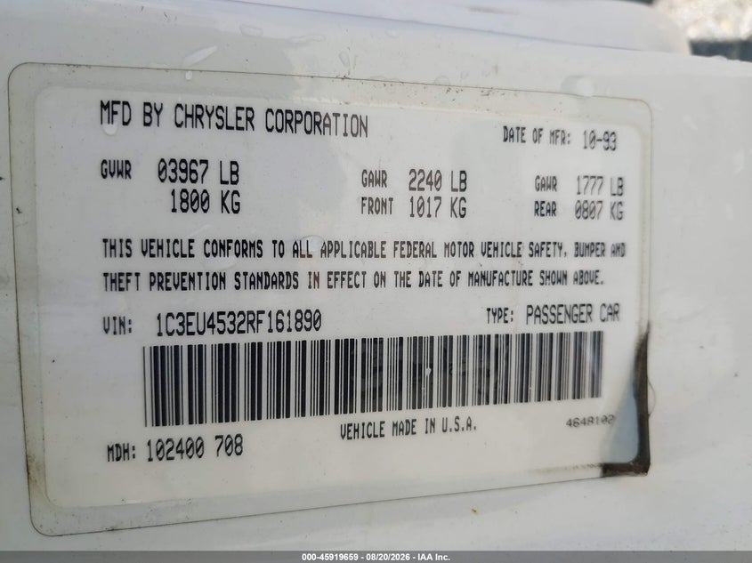 CHRYSLER LEBARON 1994 VIN 1C3EU4532RF161890