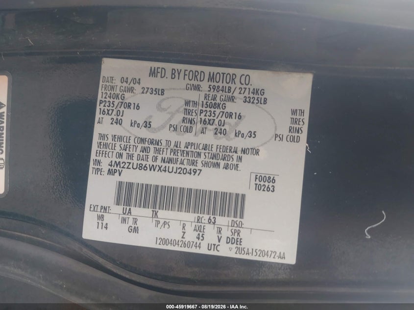 MERCURY MOUNTAINEER 2004 VIN 4M2ZU86WX4UJ20497