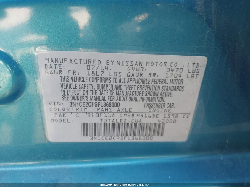 NISSAN VERSA NOTE 2015 VIN 3N1CE2CP5FL368000