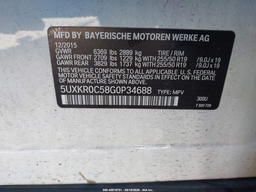 BMW X5 2016 VIN 5UXKR0C58G0P34688