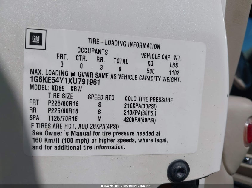 CADILLAC DEVILLE 1999 VIN 1G6KE54Y1XU791961