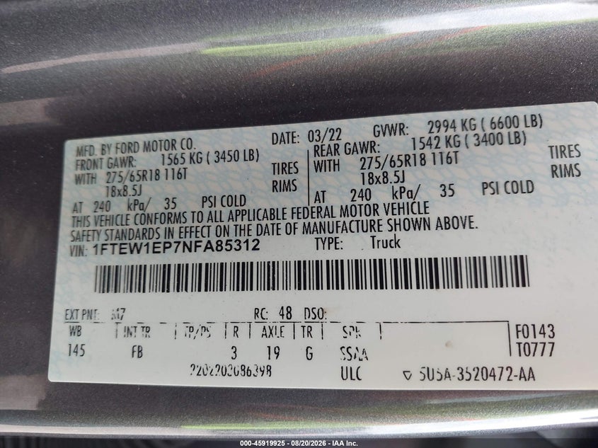 2022 FORD F-150 PICKUP 2.7L V6 FI DOHC 24V NF4
