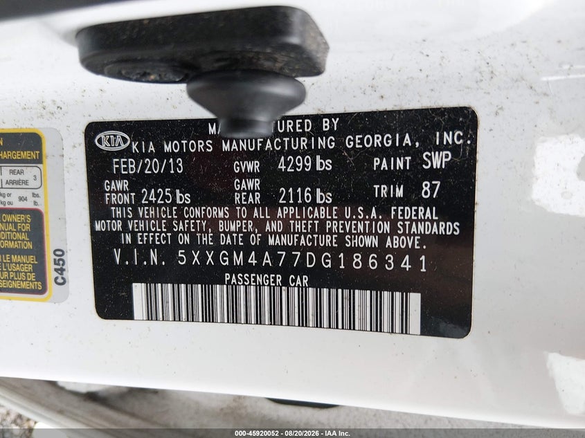 KIA OPTIMA 2013 VIN 5XXGM4A77DG186341
