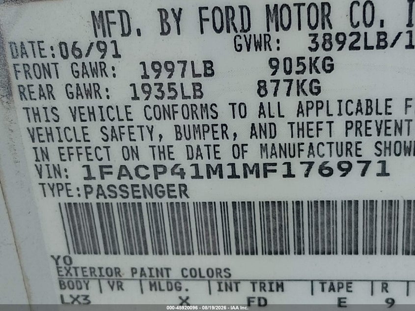 FORD MUSTANG 1991 VIN 1FACP41M1MF176971