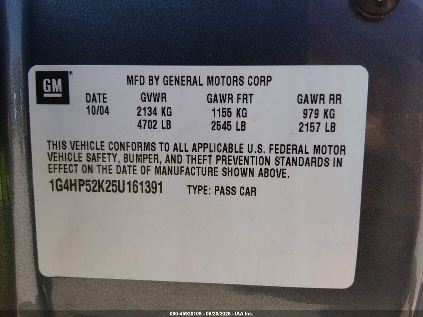 BUICK LESABRE 2005 VIN 1G4HP52K25U161391