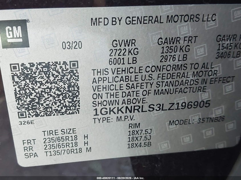GMC ACADIA 2020 VIN 1GKKNRLS3LZ196905