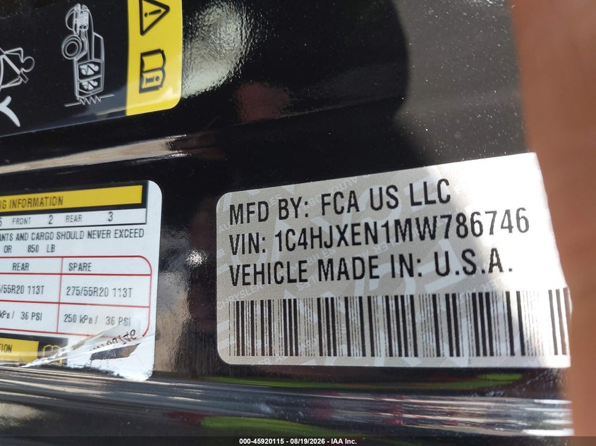 JEEP WRANGLER UNLIMITED 2021 VIN 1C4HJXEN1MW786746