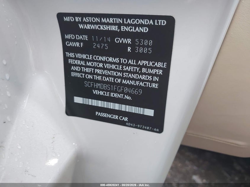 2015 ASTON MARTIN RAPIDE SEDAN 6.0L V-12 DOHC, VVT, 552HP