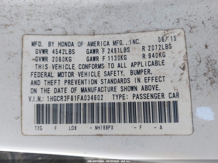 2015 HONDA ACCORD SEDAN 3.5L V-6 VVT, 278HP