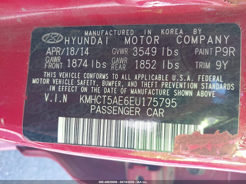 HYUNDAI ACCENT 2014 VIN KMHCT5AE6EU175795