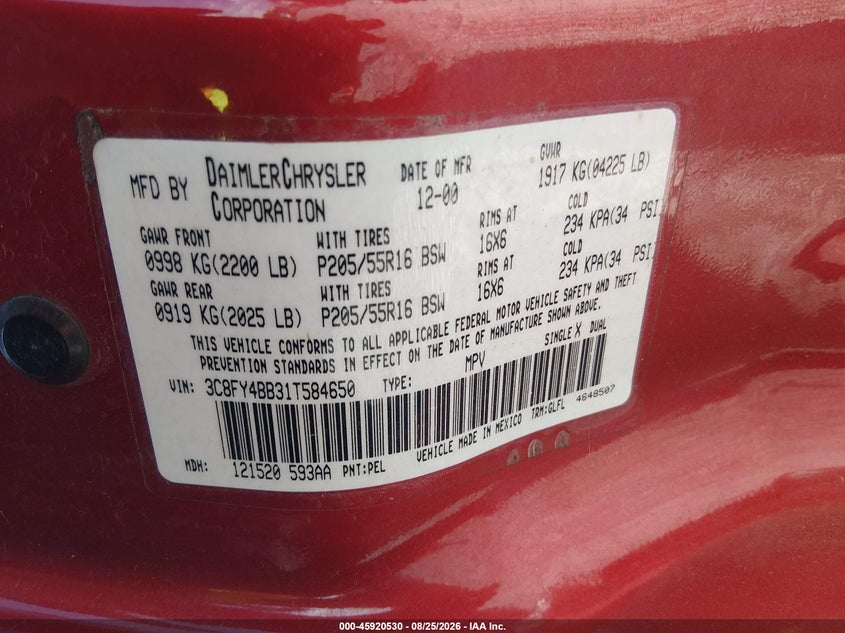 CHRYSLER PT CRUISER 2001 VIN 3C8FY4BB31T584650