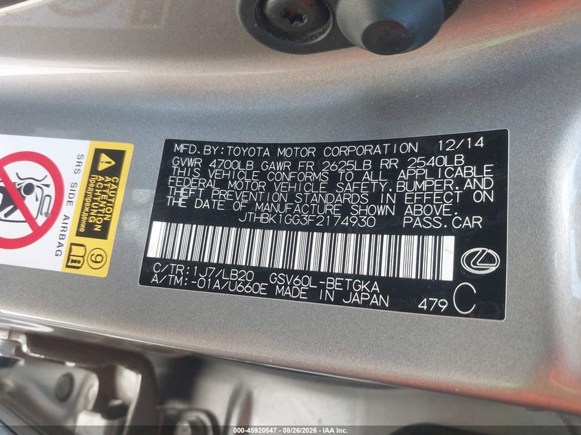 2015 LEXUS ES SEDAN 3.5L V-6 DOHC, VVT, 268HP