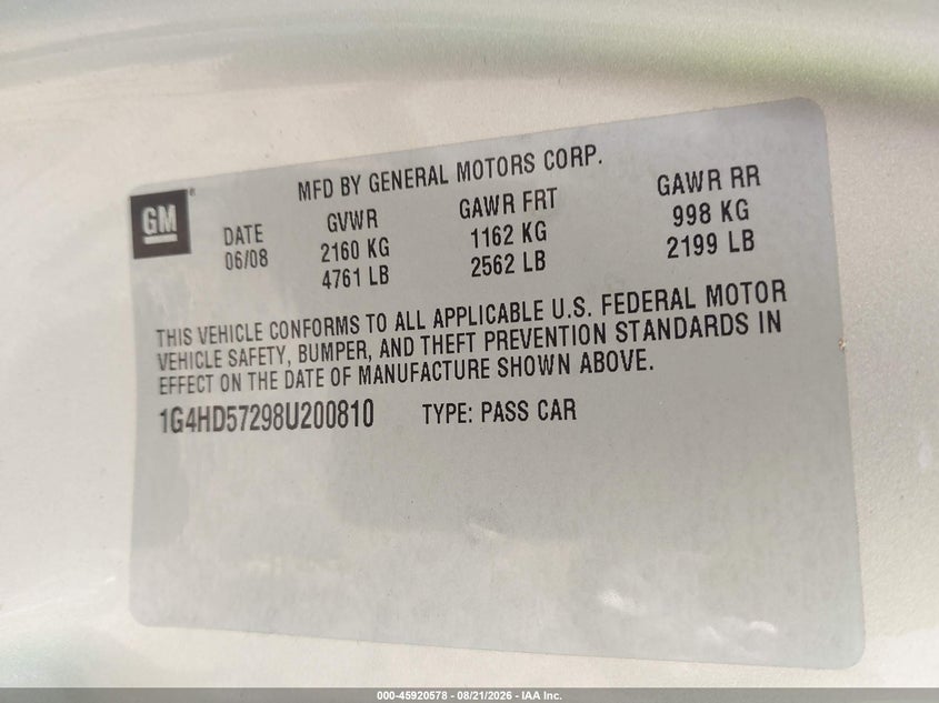 2008 BUICK LUCERNE SEDAN 3.8L V-6 197HP