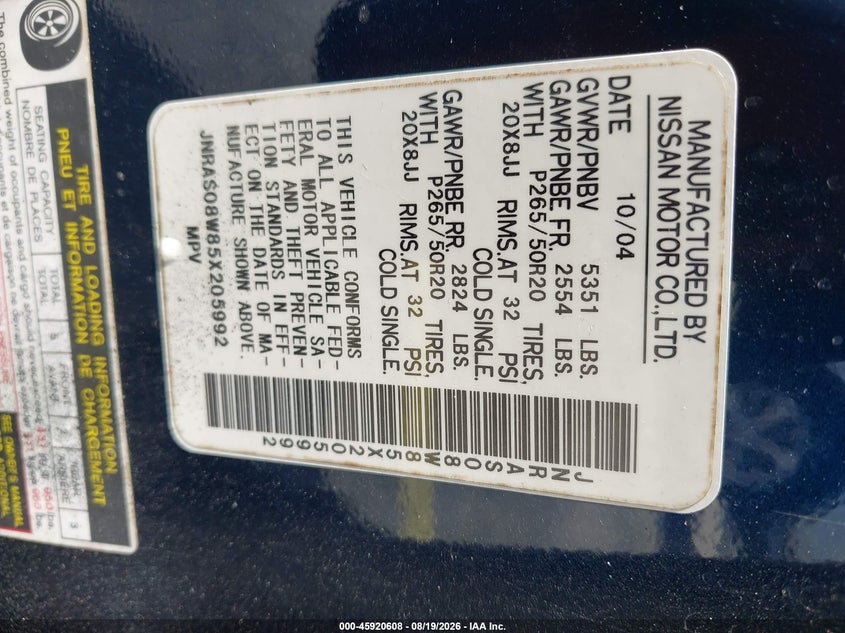 INFINITI FX35 2005 VIN JNRAS08W85X205992
