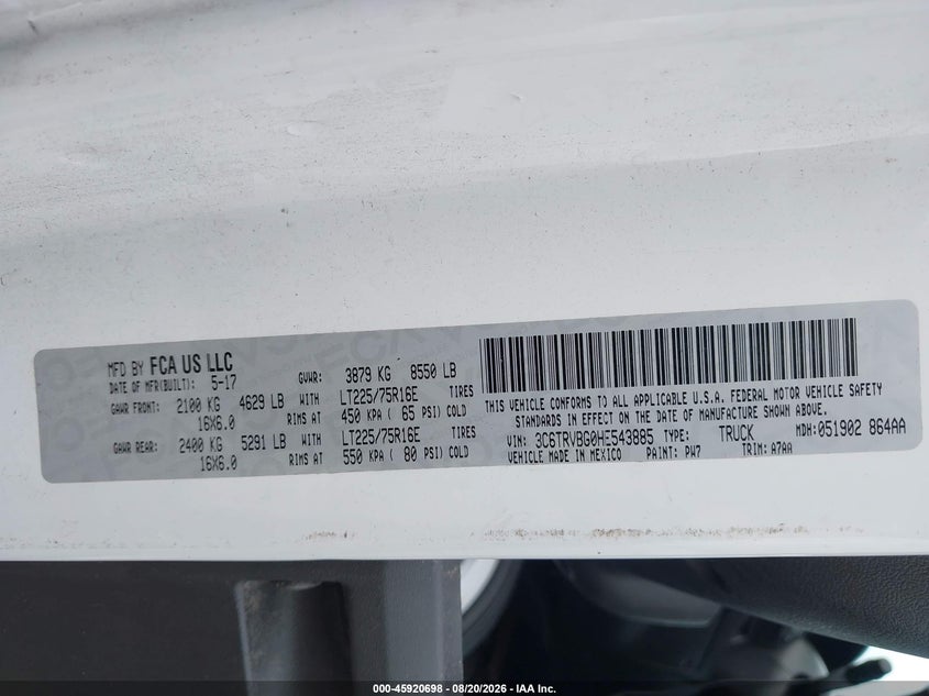 RAM PROMASTER 1500 2017 VIN 3C6TRVBG0HE543885