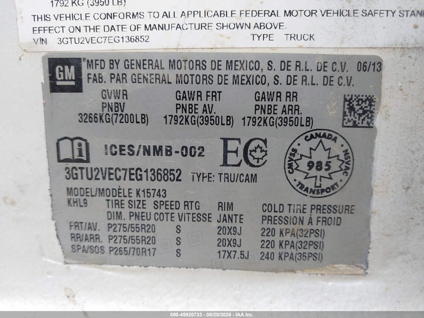 GMC SIERRA 1500 2014 VIN 3GTU2VEC7EG136852