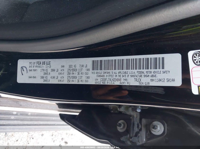 RAM 1500 2020 VIN 1C6SRFJT4LN224848