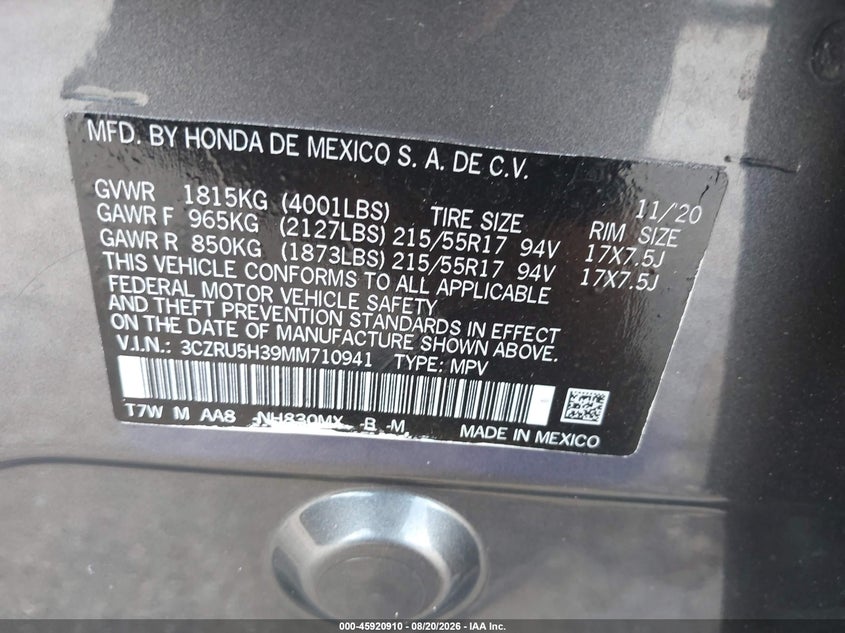 HONDA HR-V 2021 VIN 3CZRU5H39MM710941