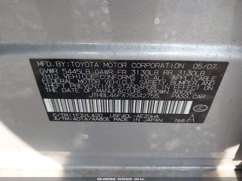 LEXUS LS 460 2007 VIN JTHBL46FX75042755