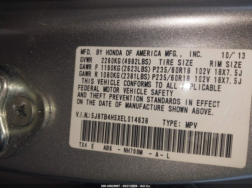 ACURA RDX 2014 VIN 5J8TB4H5XEL014638