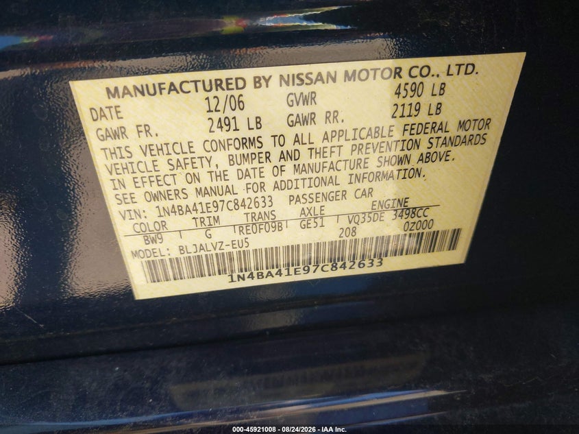 2007 NISSAN MAXIMA SEDAN 3.5L V-6 DOHC, VVT, 255HP