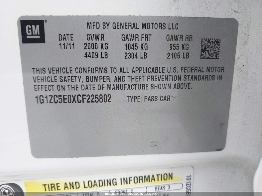 CHEVROLET MALIBU 2012 VIN 1G1ZC5E0XCF225802