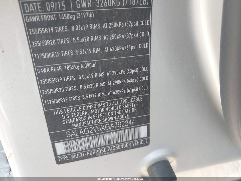 LAND-ROVER LR4 2016 VIN SALAG2V6XGA792244