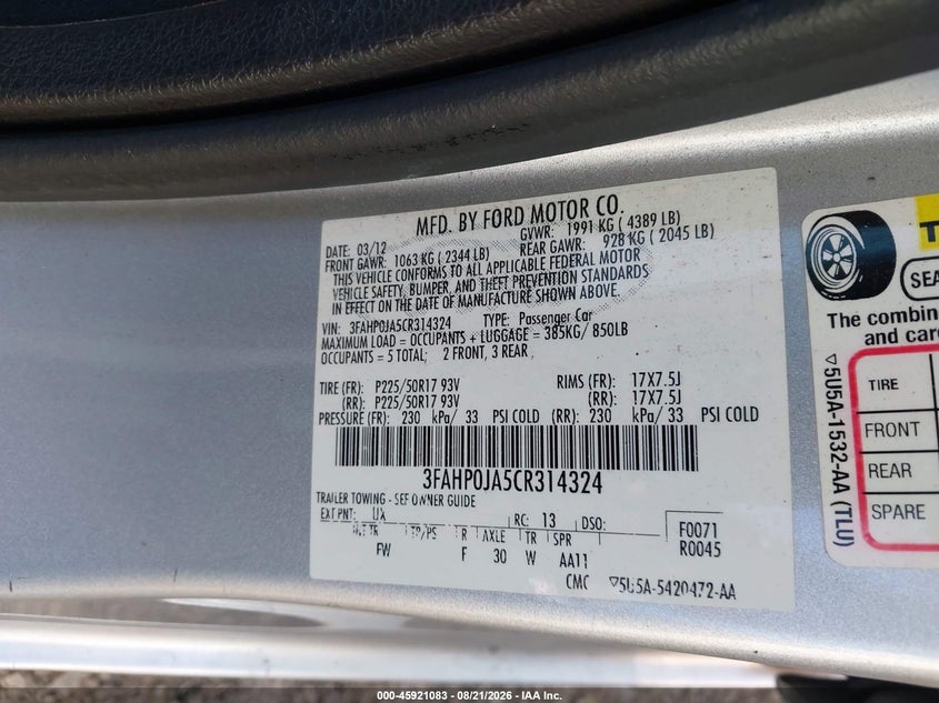 FORD FUSION 2012 VIN 3FAHP0JA5CR314324