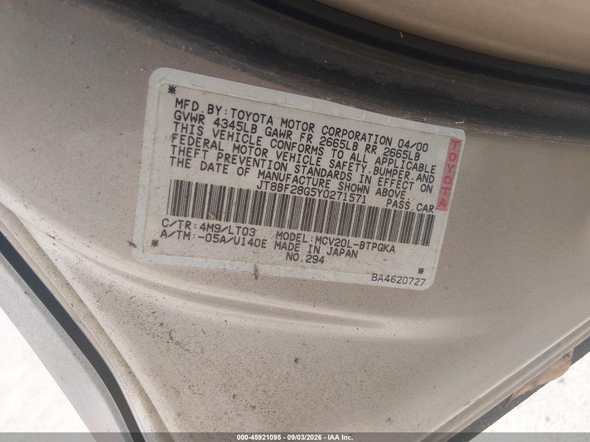 2000 LEXUS ES SEDAN 3.0L V-6 DOHC, VVT, 210HP