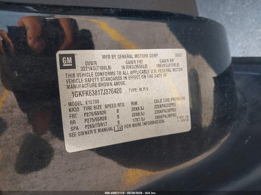 GMC YUKON 2007 VIN 1GKFK63817J376420