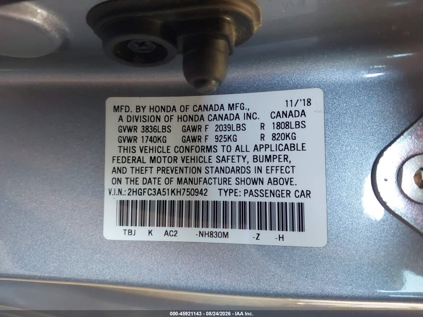 HONDA CIVIC SI 2019 VIN 2HGFC3A51KH750942