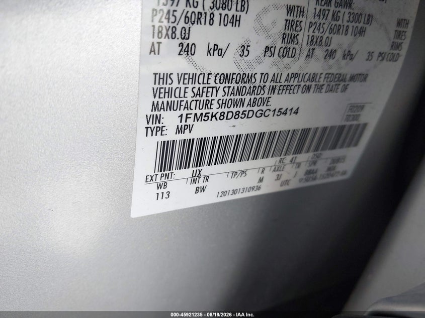 FORD EXPLORER 2013 VIN 1FM5K8D85DGC15414