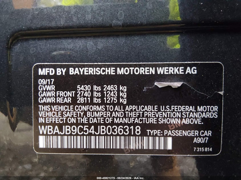 BMW M550I 2018 VIN WBAJB9C54JB036318