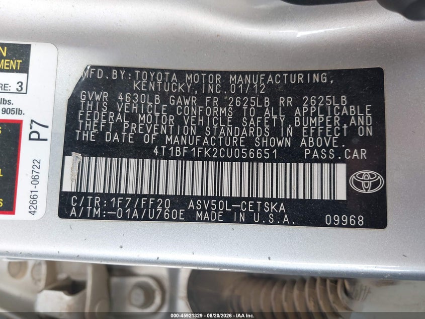 TOYOTA CAMRY 2012 VIN 4T1BF1FK2CU056651