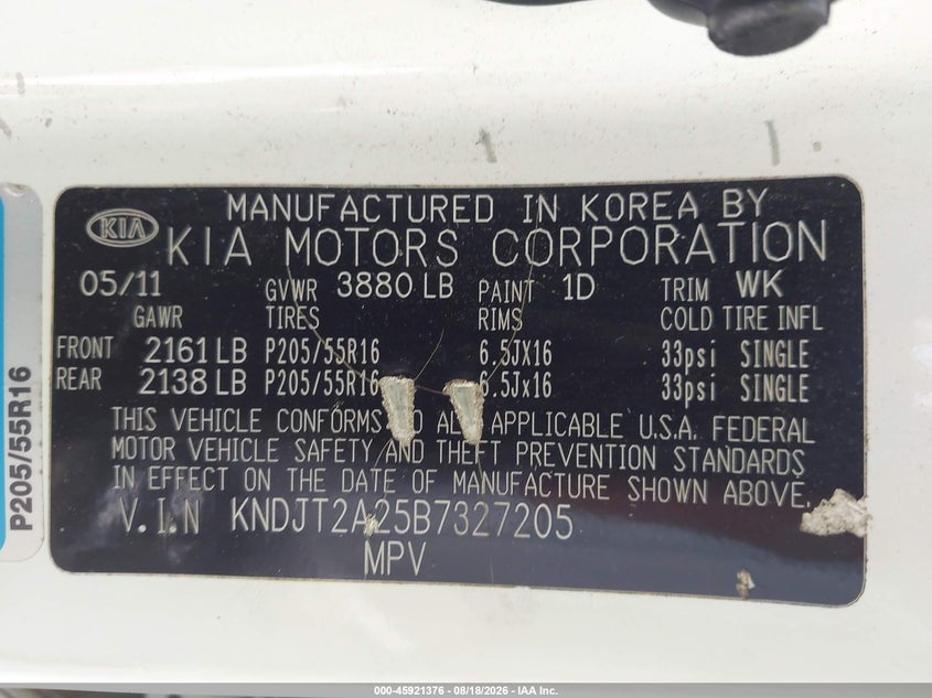 KIA SOUL 2011 VIN KNDJT2A25B7327205