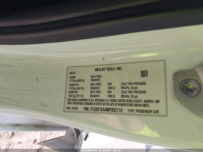 TESLA MODEL 3 2021 VIN 5YJ3E1EA4MF052115
