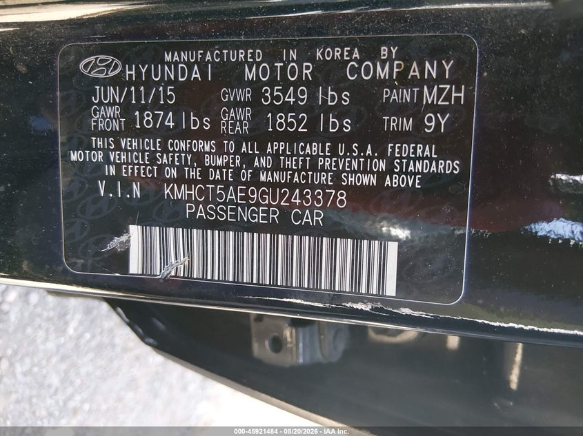 HYUNDAI ACCENT 2016 VIN KMHCT5AE9GU243378