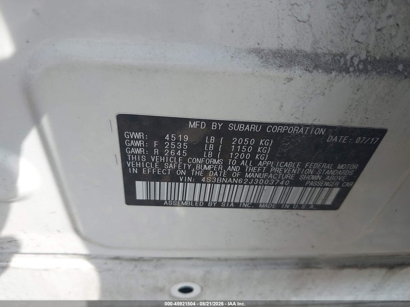 SUBARU LEGACY 2018 VIN 4S3BNAN62J3003740