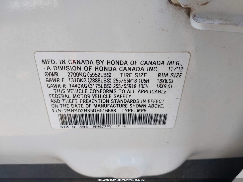 ACURA MDX 2013 VIN 2HNYD2H35DH516688