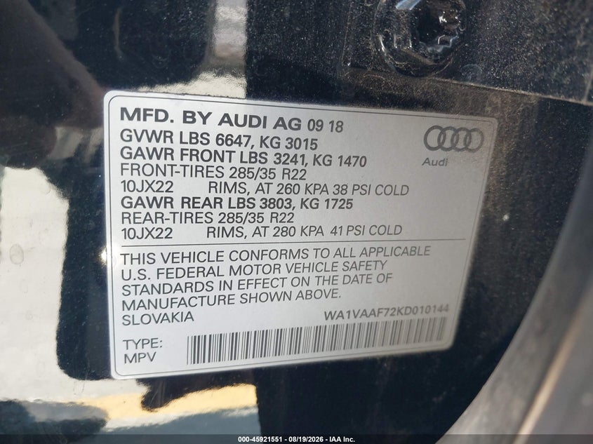 2019 AUDI Q7 SPORT UTILITY VEHICLE 3.0L V-6 DI, DOHC, VVT, SUPERCHARGER, 329HP