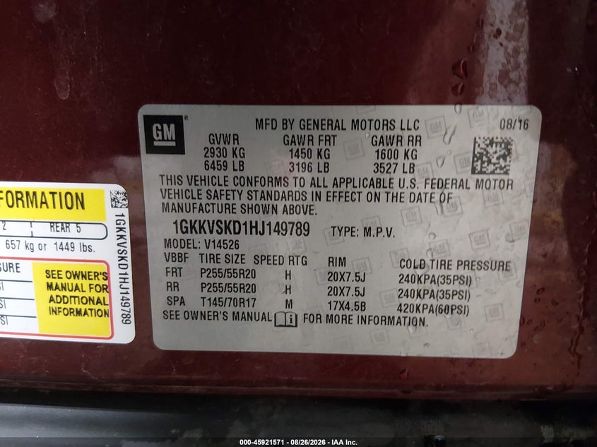 GMC ACADIA LIMITED 2017 VIN 1GKKVSKD1HJ149789