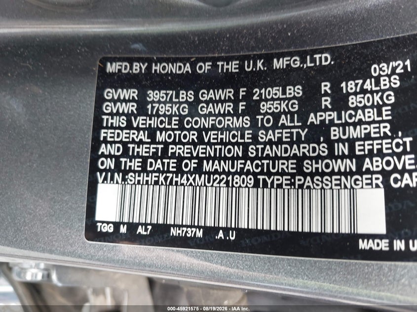 HONDA CIVIC 2021 VIN SHHFK7H4XMU221809