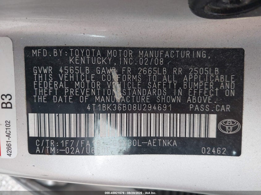 TOYOTA AVALON 2008 VIN 4T1BK36B08U294691