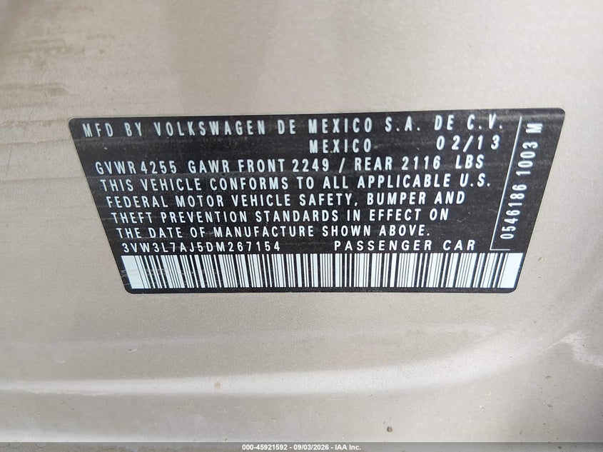 VOLKSWAGEN JETTA 2013 VIN 3VW3L7AJ5DM267154