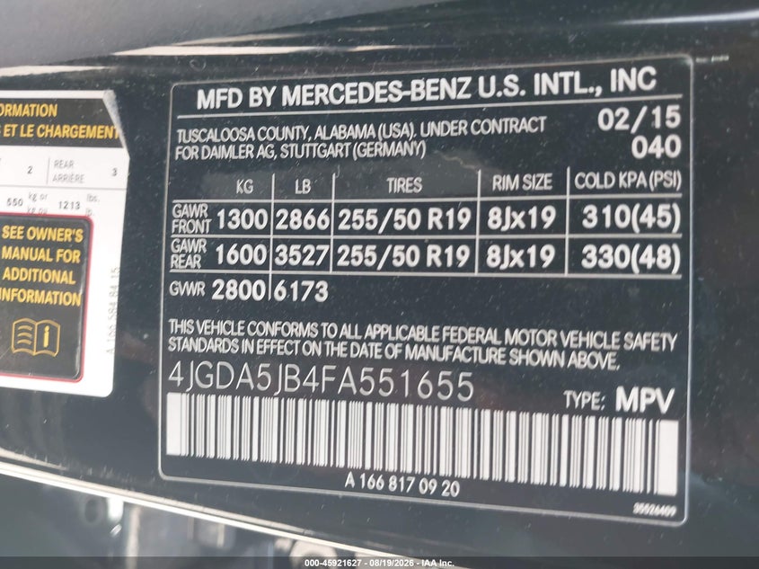 MERCEDES-BENZ ML 350 2015 VIN 4JGDA5JB4FA551655