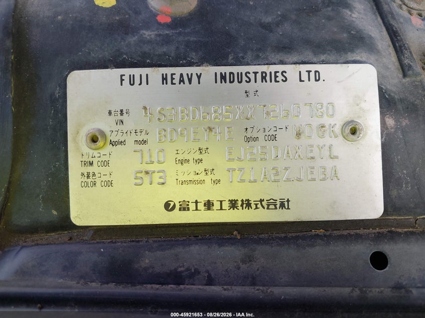 SUBARU LEGACY 1999 VIN 4S3BD685XX7260780