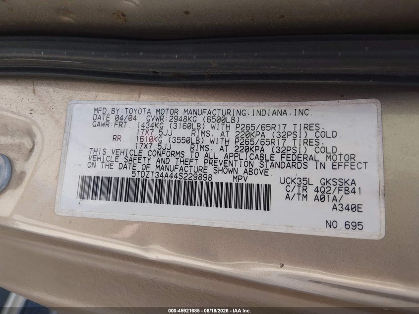 TOYOTA SEQUOIA 2004 VIN 5TDZT34A44S229898