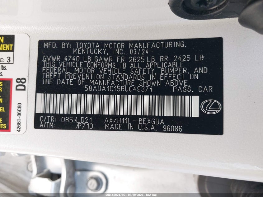 LEXUS ES 300H 2024 VIN 58ADA1C15RU049374