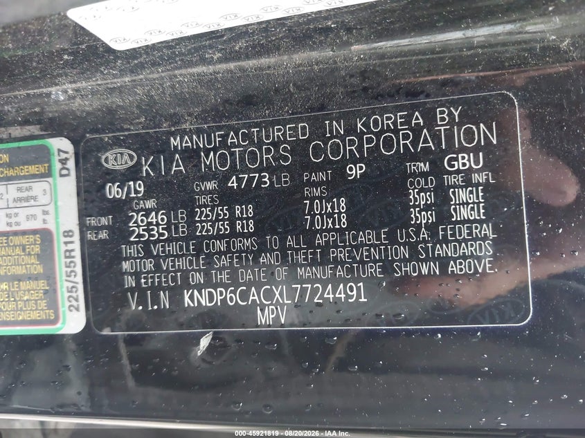 KIA SPORTAGE 2020 VIN KNDP6CACXL7724491
